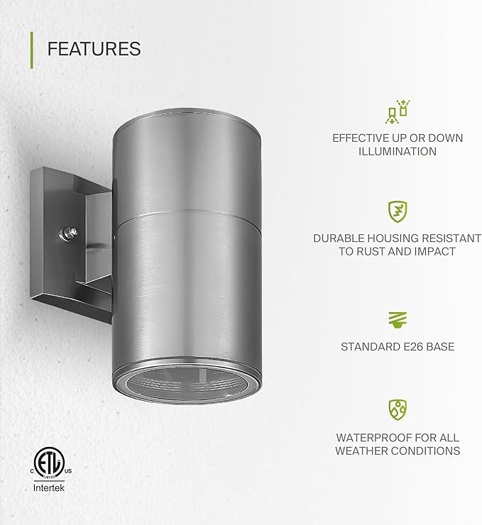 ASD 1 Light Outdoor Wall Light Fixture | 60W E26 Socket 120V ETL Cylinder Up Down Lights | LED/CFL/Incandescent Bulb Exterior Wall Sconce | Front Door Porch Patio Lighting | Stainless Steel