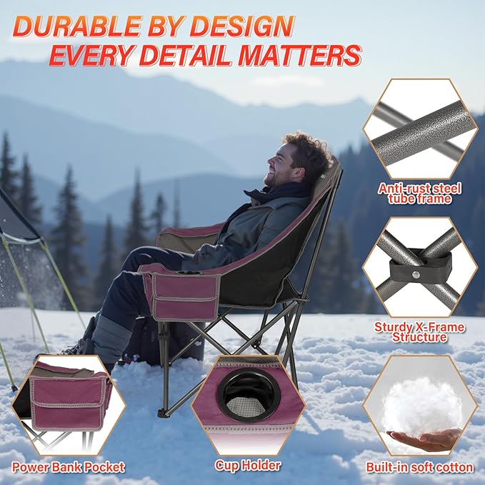 CAMPHILL Heated Camping ChairsOversized Padded Heating Lawn Chair with Cup HolderWide&ampThickHeavy Duty Folding for PatioTailgatesand SportsBattery NOT IncludedPurple