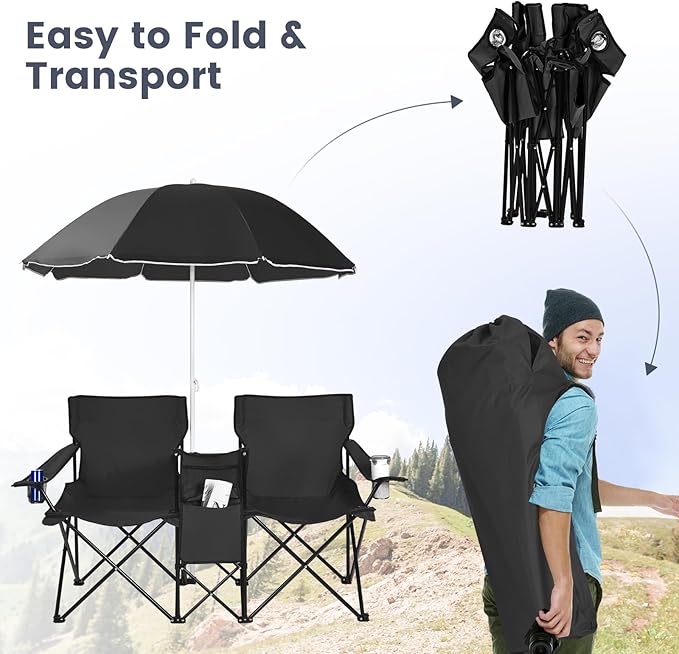 Double Camping Chair 2-Person Portable Beach Chair w/Removable Umbrella Cup Holders &amp Carrying Bag Folding Loveseat Chairs for Adults Outdoor Picnic (Black)