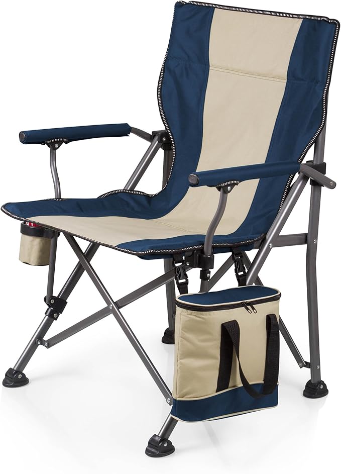 PICNIC TIME Outlander XL Heavy Duty Folding Camping Chair with Insulated Cooler Oversized Portable Lawn Beach &amp Camp Chair with Cup Holder Storage Pocket Carry Bag 400 lb Capacity (Navy Blue)