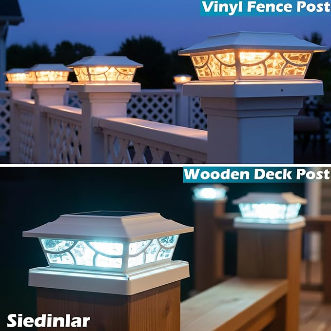 SIEDiNLAR Solar Post Lights Outdoor 4 Modes Fence Deck Post Cap Light for 4x4 5x5 6x6 Wooden Vinyl Posts Garden Patio Decor Warm White &amp Cool White Dynamic Lighting White (10 Pack)