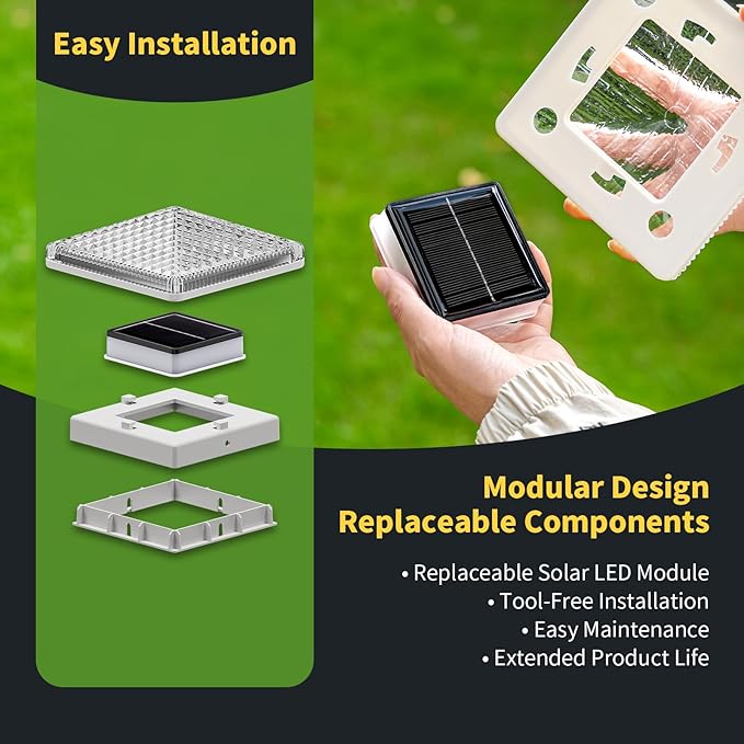 Glass Solar Post Cap Lights with Crystal Style - Decorative Deck Fence Lights for 4x4 5x5 Posts Hidden Solar Panel Modular Design 10Hr Runtime IP65 Warm White White 2 Pack