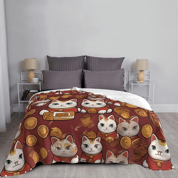 Lucky cat 60x50 Printed Soft Fleece Blanket for Sofa Bed and Camping - Cozy Blanket for Travel Picnics Nighttime Use
