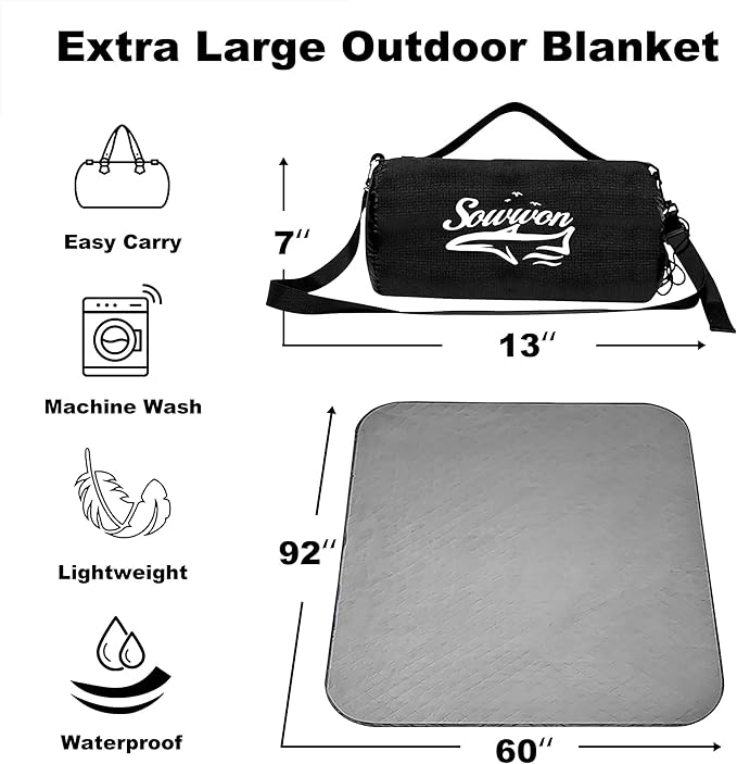 Waterproof Outdoor Blanket 92”X 60” Packable Stadium Blankets for Camping with Quilted Fleece Lining Large Windproof Emergency Throw Mat for Garss Picnic Hiking Road Trip Machine Washable Black
