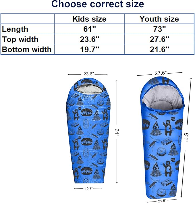 KidzAdventure Mummy Style 32 – 59F Kids Sleeping Bag with Pillow Sleeve 4 Season Lightweight and Backpacking Style Ideal for Camping Sleepover Boys Girls Youth and Toddlers