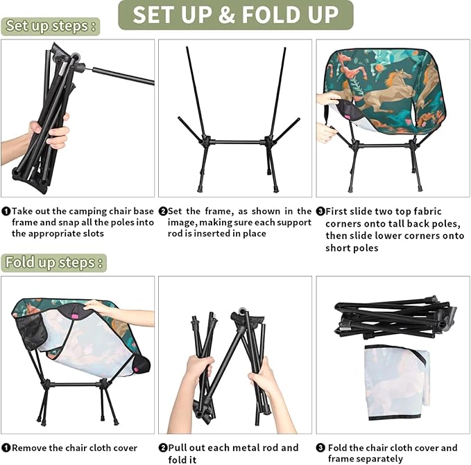 Honeybaby Folding Camping Chair Horses Flowers Print Camping Chairs Lightweight Portable Chair Outdoor Foldable Chairs for Camping Travel Picnic Beach Hiking