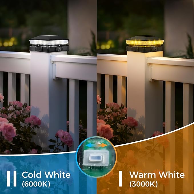 8 Pack Fence Post Solar Lights Fits 4x4 &amp 3.5x3.5 Wood Vinyl Posts 2 Modes(WarmCool White)| Dusk to Dawn Waterproof LED Outdoor Post Cap Lights for Deck Railing Porch Black