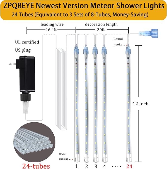 Christmas Lights Outdoor Meteor Shower Lights 24-Tube 576LEDs Snow Falling Rain Cascading Icicle Light for Xmas Tree Christmas Decorations Wedding Party Holiday Garden Decor UL Plug Blue