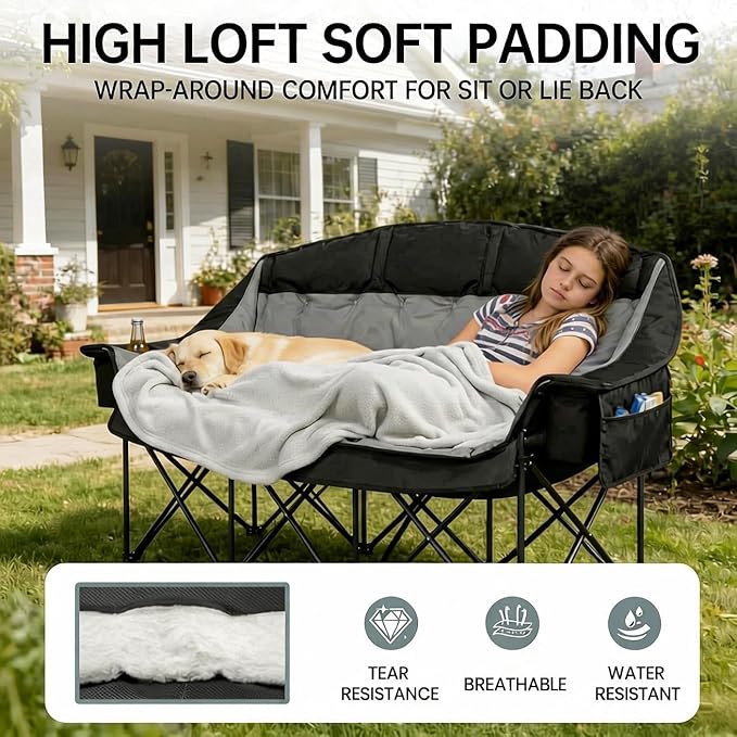 3 Person Camping Chair for Adults Folding Double Camping Chair Oversized Heavy Duty Camping Loveseat with Cup Holders &amp Carry Bag Portable Outdoor Lawn Chair for Camping Beach Backyard Black &a