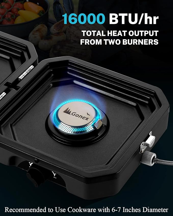 Gonex 2 Burner Propane Camping Stove with Griddle &amp Grates Portable Foldable Cooking Stove with Total 16000 BTU Two Piezo Ignition Adjustable Burners for Camping Patio Emergency Hiking (Blac