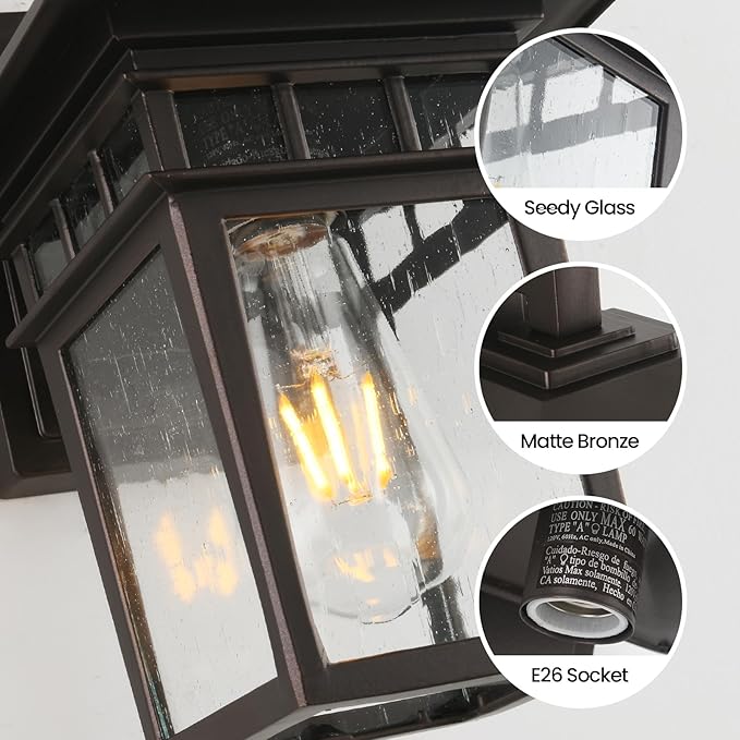 Outdoor Lighting Fixtures Wall Mount Exterior Wall Sconces Set of Two Brown Outdoor Porch Lights with Seeded Glass for Garage Front Door House