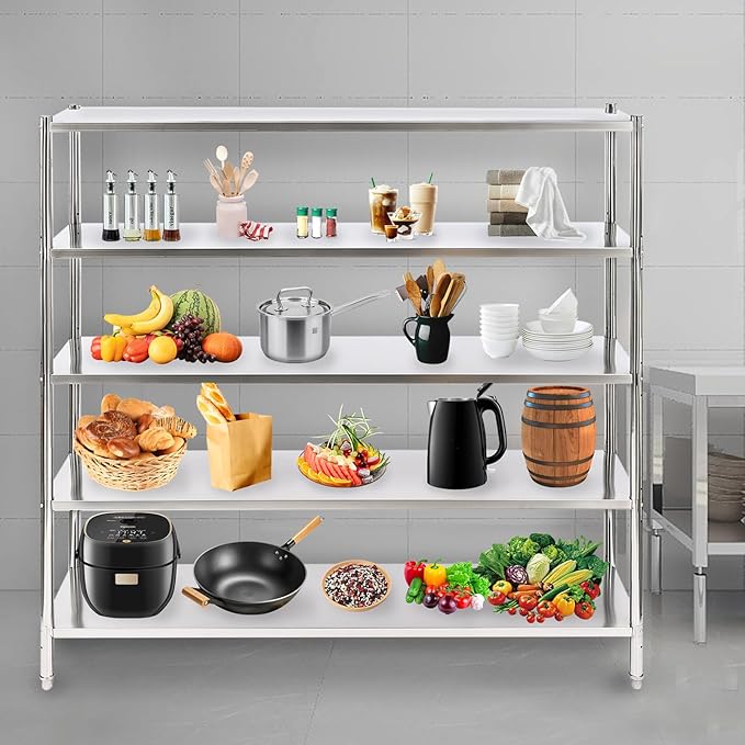 Stainless Steel Shelving 5 Tier Utility Bakers Racks Adjustable Shelf Storage Heavy Duty Shelving for Kitchen Commercial Office Garage Storage Laundry Room Organization (5-Tier 70*17*70in)