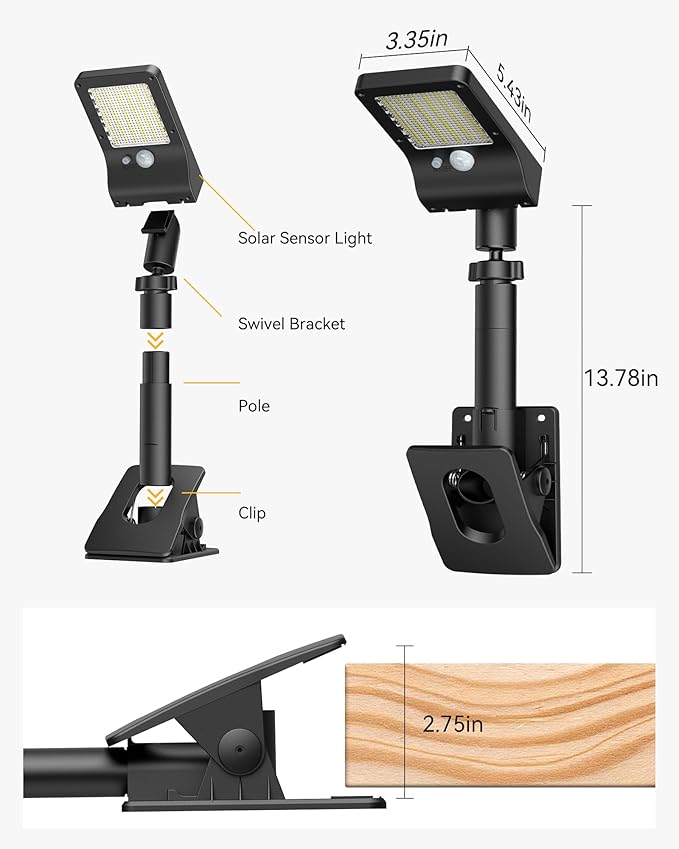 Clip On Solar Lights Outdoor 350LM Solar Motion Sensor Clamp Light with 1200mAh Battery 3 Modes 360° Adjustable Waterproof Fence Lights for Porch Mailbox Camping Emergency Security