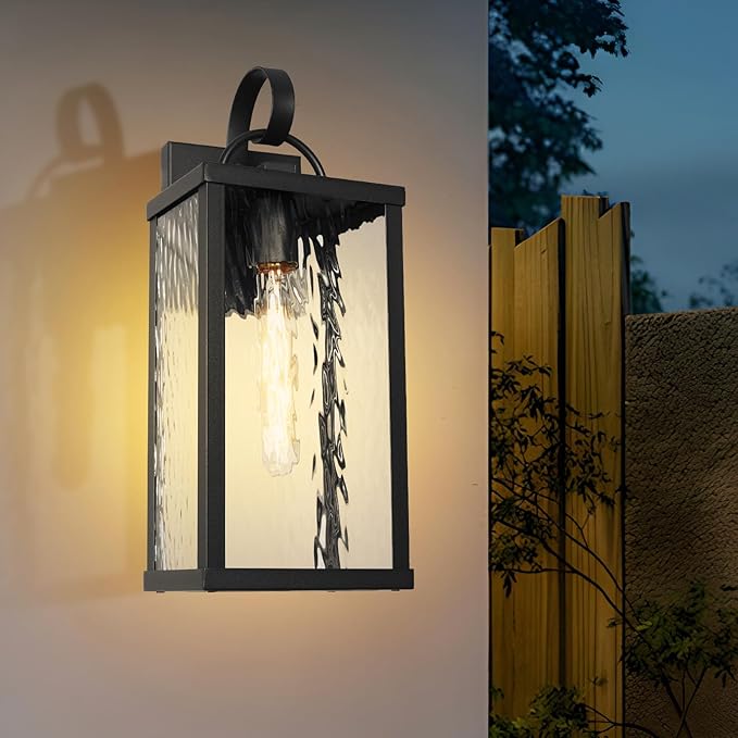 Outdoor Wall Light Fixture Modern Black Exterior Wall Lantern with Water Ripple Glass Farmhouse Vintage Waterproof Wall Sconce Porch Light for Patio Garage Front Door Garden Yard E26
