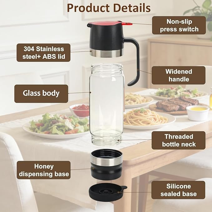 No-Drip Honey Dispenser Glass Honey Dispenser with Handle Press Type Bottom Outlet Design Easy One Hand Use Suitable for Honeys Coffee Syrup &amp Chocolate Sauce (Black-S)