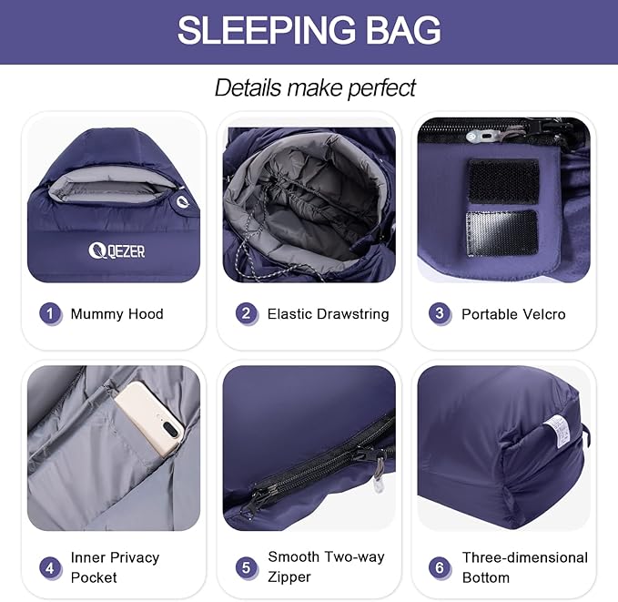 Down Sleeping Bag for Adults 0 Degree Warm Winter Mummy Lightweight Compact Outdoor Sleeping Bag for Camping Backpacking Hiking Cold and Warm Weather with 600 Fill Power Down