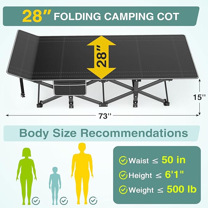 ZENPETIO Camping Cot for Adults Heavy-Duty Portable Cot Bed with Mattress Foldable Padded Sleeping Cots for Camping Travel Tent Day Bed Outdoor &amp Home Guest Max Load 500 LBS 75x28x15”
