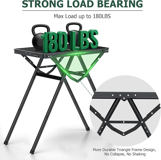 JiGiU Folding Camping Table Height Adjustable Aluminum Alloy Foldable Pinic Table 180lbs Capacity with Handle Stable Triangle Feet for Outdoor Indoor Hiking Camp BBQ Beach (Black Iron Mesh Tabletop)