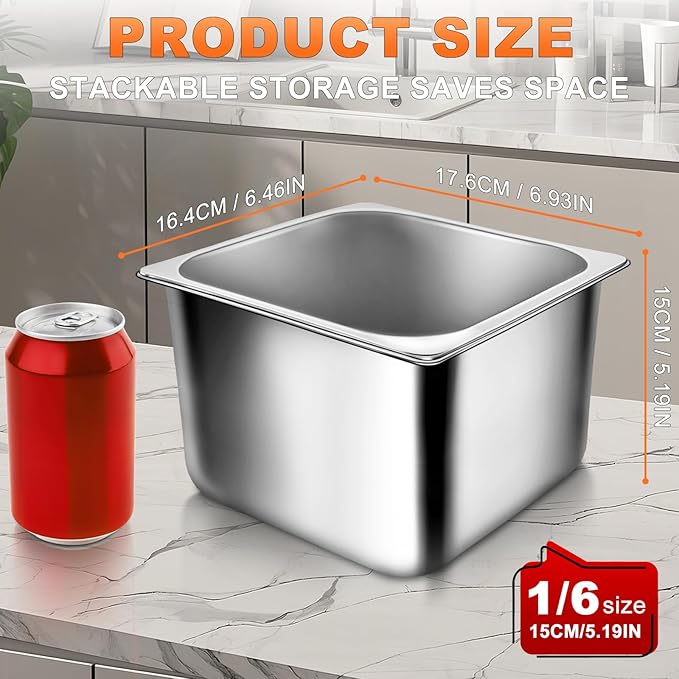 1/6 Size 6 Inch 304 Stainless Steel Hotel Pans: 8 Pack [2X Thicker] [Dishwasher Safe] 100% Food-SafeSteam Table Pan for Restaurants Catering and Parties