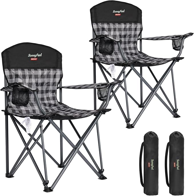 SUNNYFEEL Oversized Folding Camping Chair 2 Pack 800 LBS Heavy Duty for Big Tall People Red Padded Portable Collapsible Chairs with Armrest Cup Holder &amp Pocket for Outdoor Travel Picnic Camp Sport