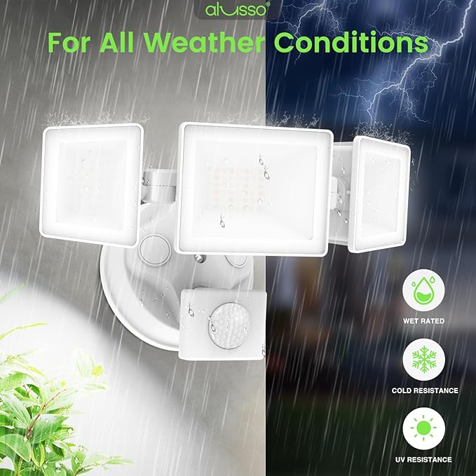 ALUSSO LED Security Lights Motion Sensor120V 36W 3000LM Flood Lights Outdoor Motion Sensor with Remote Dimmable Brightness 3000K-6000K IP65 3 Heads Outdoor Security Light for Garage YardWhite