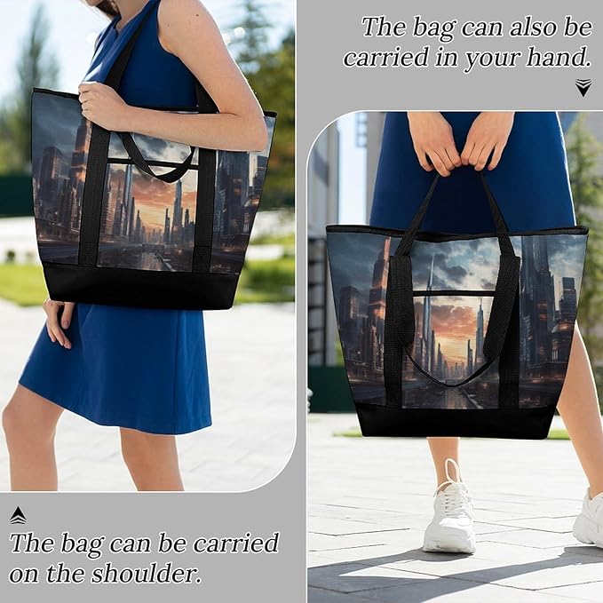 Insulated Shopping BagLarge Reusable Cooler Bags City Scape Printed Foldable Shopping BagTravel Waterproof Shoulder Bag
