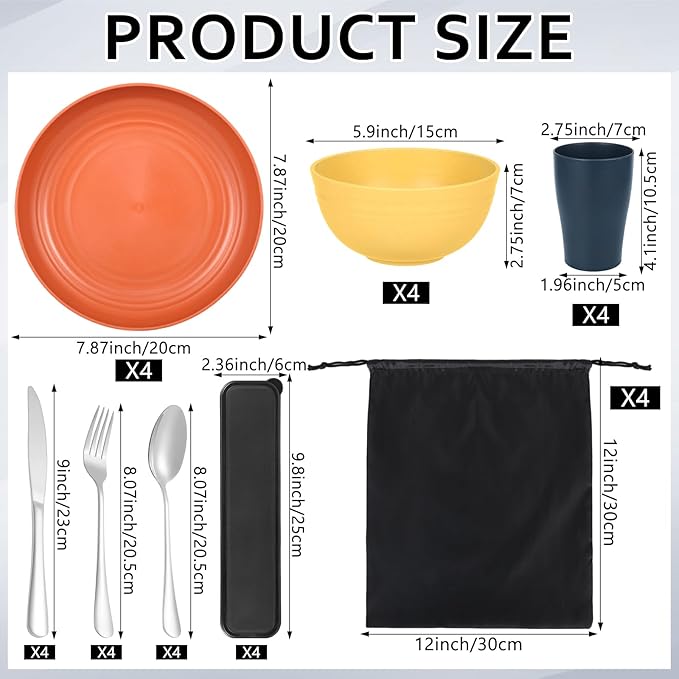 32-Piece Wheat Straw Dinnerware Set Unbreakable Portable Camping Mess Kit with Plates &amp Bowls Dishwasher &amp Microwave Safe for Family Picnics &amp Travel (Colorful)