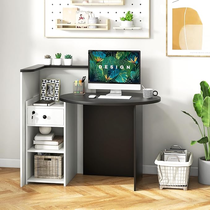 Reception Desk Front Desk Reception Counter with Oval Desktop Open Shelf &amp Lockable Drawer Small Retail Checkout Counter Table Wood Computer Workstation for Home Office Lobby &amp Salon
