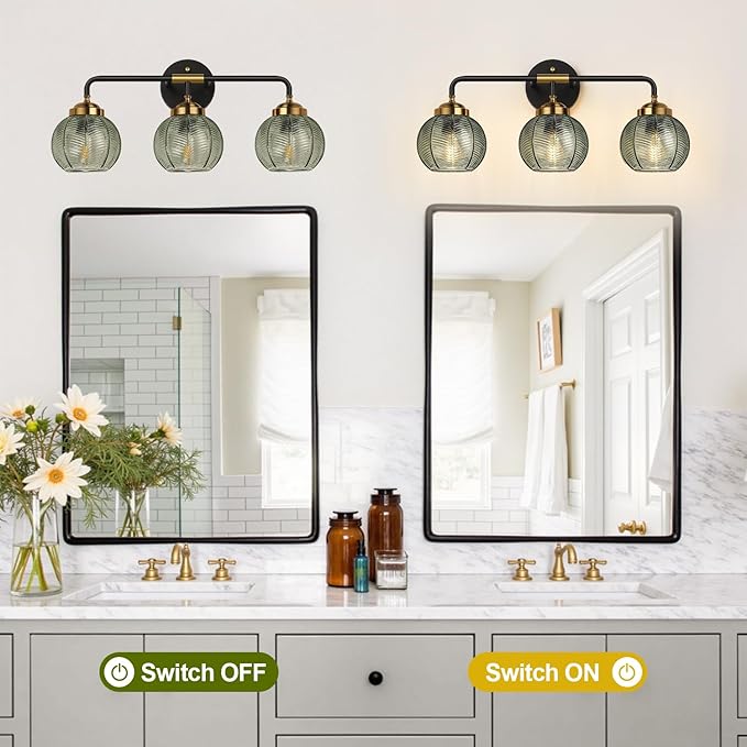 Bathroom Light Fixtures 3-Light Green Vanity Lights with Unique Leaf Texture Glass Shade Modern Matte Black and Gold Bathroom Wall Lamp for Mirror Hallway Cabinet Living Room