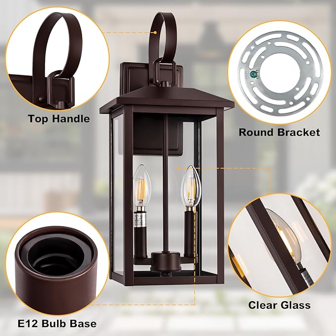 Bronze Large Porch Lights Outdoor 18 Exterior Wall Fixture with Clear Glass 2-Light E12 Socket Base Aluminum Outside Waterproof Wall Light Sconce for House Porch Patio Garage