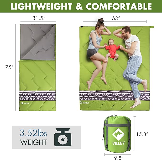VILLEY Camping Sleeping Bag Lightweight Backpacking Sleeping Bag with Compression Sack for Adults &amp Kids Outdoor Camping Hiking Equipment for 3 Season Warm &amp Cool Weather - Summer Spring F