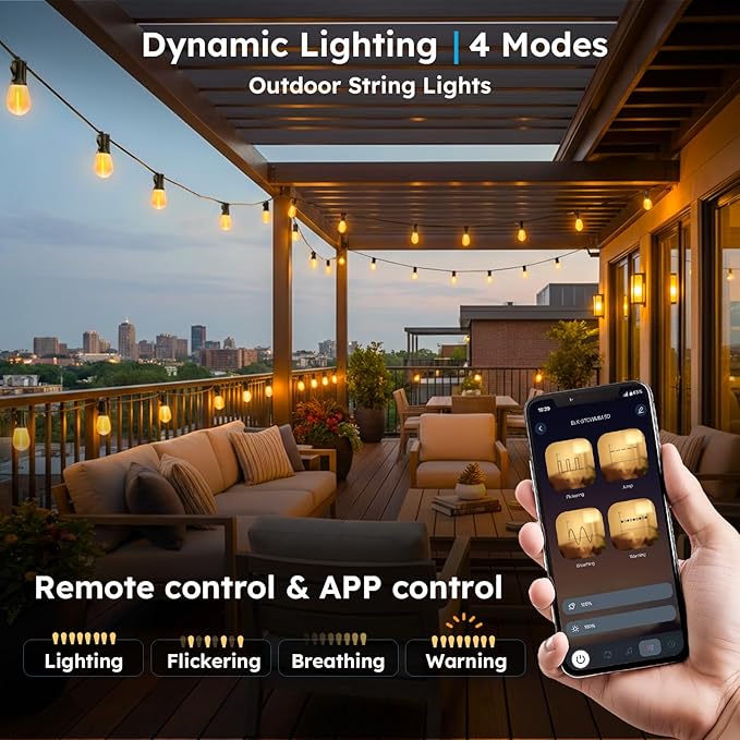 100FT S11 LED Outdoor String Lights with App &amp Remote Low-Voltage Patio Lights with Music Sync 4 Lighting Modes Dimmable Waterproof LED Lights for Backyard Porch Garden Deck Party