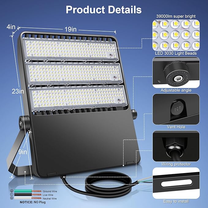 Outdoor LED Stadium Flood Lights 2400W Equivalent Super Bright 52200LM Wall Mount 360W Parking lot Commercial Lighting for Basketball Court Arena Barn 5500K 85-277V Waterproof Yard lamp