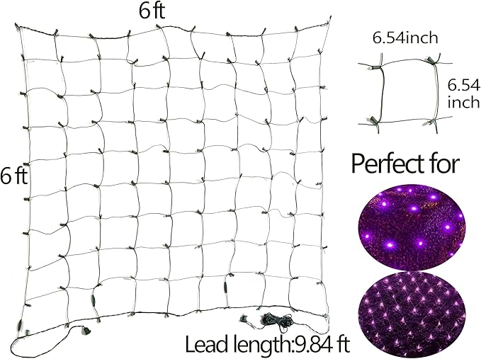 HISHINY Halloween Lights Outdoor144LED 6ftx6ft Purple Net Lights with Connectable WaterproofUL Certified and Durable Black Wire Design for BushesTrees Outdoor Indoor Party Decorations