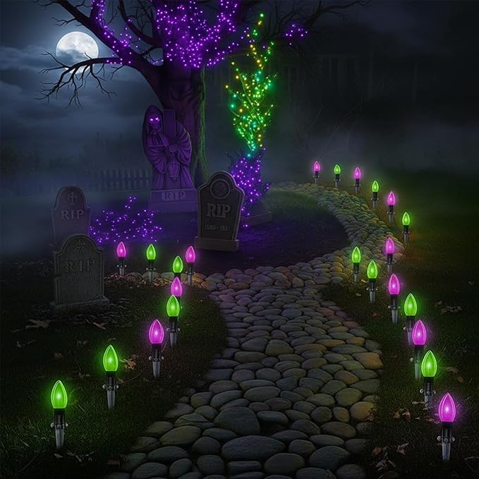 Halloween Stake Lights 10PK C9 LED Pathway Lights with Purple &amp Green Bulbs 19.5ft Outdoor Walkway Lights Waterproof Extendable Yard Driveway Porch &amp Garden Halloween Decorations