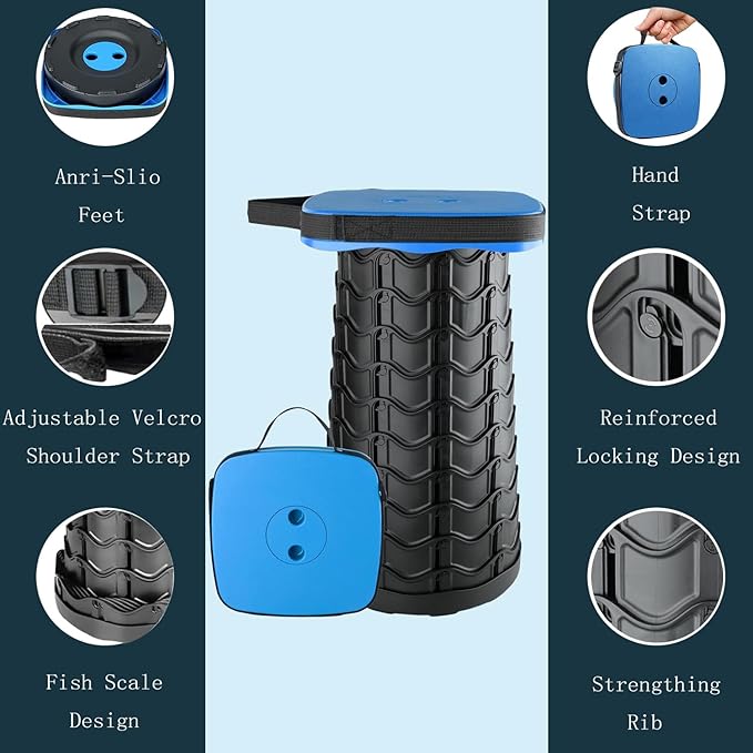 Upgraded Collapsible Stool Portable for Adults Heavy Duty 620lbs Max Weight Square Foldable Stool Thickened Telescoping Folding Seat for Camping Hiking Outdoor Travel(Square) (Blue)