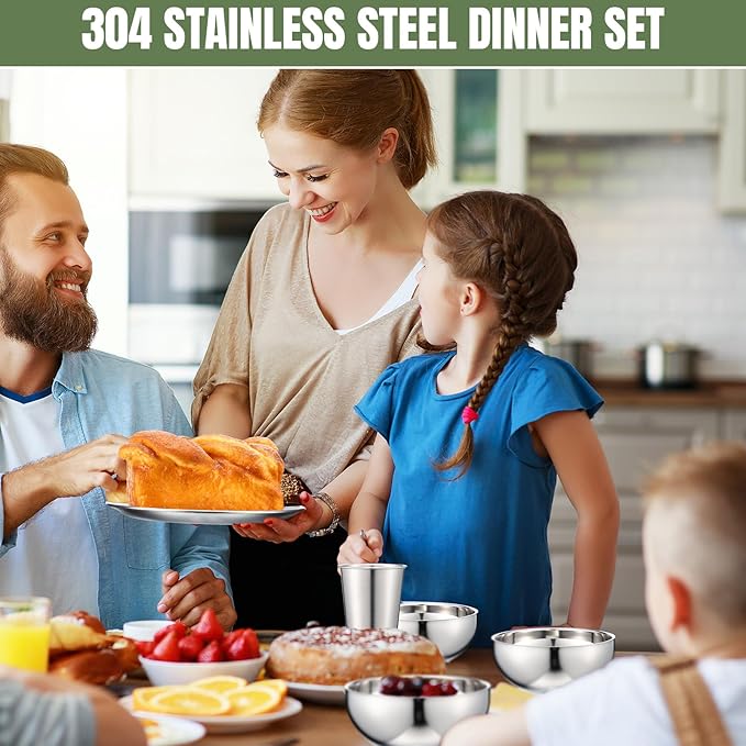 Jinei 30 Pcs 304 Stainless Steel Dinner Set Stainless Steel Plates and Bowls Include Plates Bowls Cups Forks Spoons Utensil Reusable Metal Camping Dinnerware Tableware for Kitchen (SilverLarge)