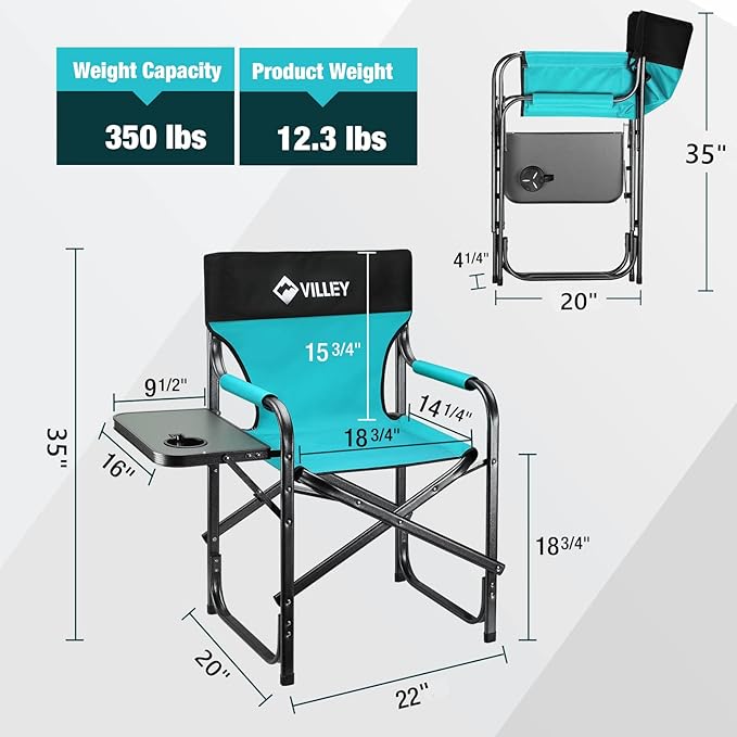 VILLEY Heavy Duty Directors Chair Folding Camping Chairs Portable Foldable Chair for Camp Tailgating Lawn Picnic Fishing Beach Supports 350 LBS Blue