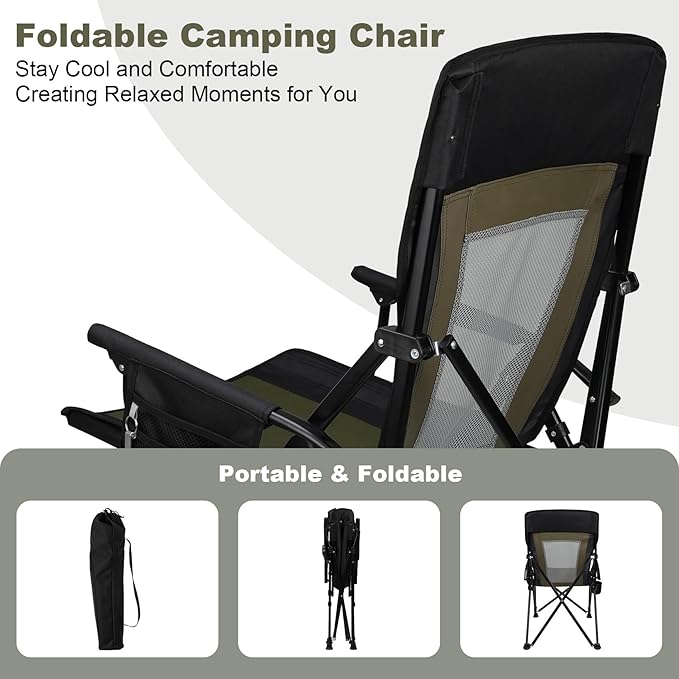 Camping Chair Portable Folding Lawn Chair Comfortable Hard Arm Sturdy for Family Camp Outdoor Sports Beach Travel Support 400 lbs Black&ampGreen