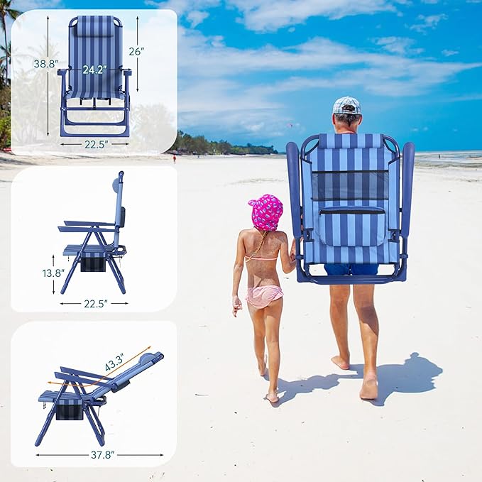 Slendor Backpack Beach Chair 6-Positions Beach Chairs for Adults with Cooler Bag Reclining Chair with Cup Holder Folding Camping Chair for Outside