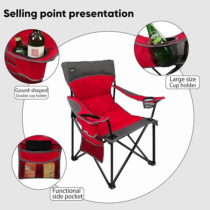 Northroad Foldable Camping Chair Heavy-Duty Outdoor Folding Chair Support Up to 300lbs for Hiking Picnics Patio Beach Fishing (Red)