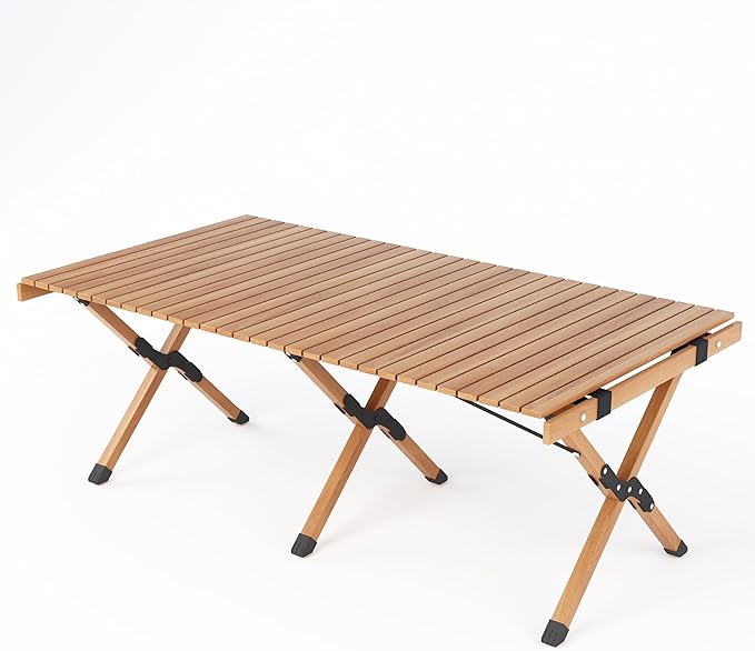 Folding Camping Table Beech Wood Portable Lightweight Roll-up Picnic Table with Carrying Bag for Outdoor Backyards BBQ Beach Party Patio(Natural Wood &amp Big)