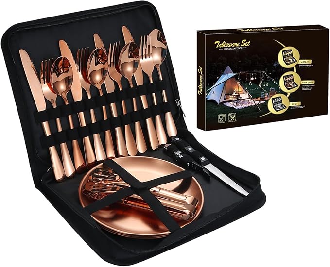 Camping Mess Kits with Portable Case Stainless Steel Outdoor Picnic Dinnerware Set with Plate Spoon Fork Knife Cloth Napkins