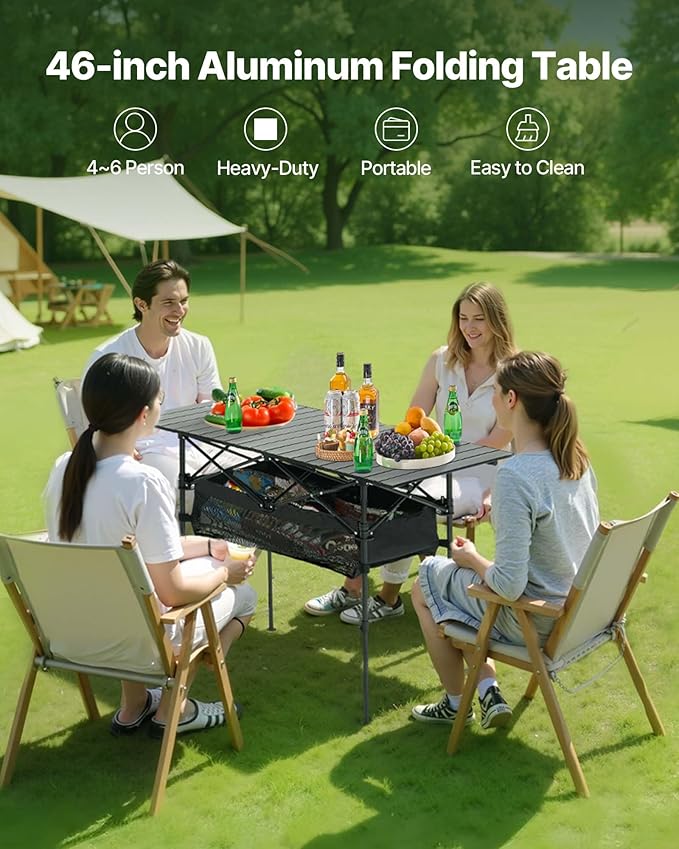 VEVOR Folding Camping Table Portable Roll Up Side Tables Lightweight Aluminum Beach Table for Outdoor BBQ Tailgating Picnic Travel (47 inch-Black)