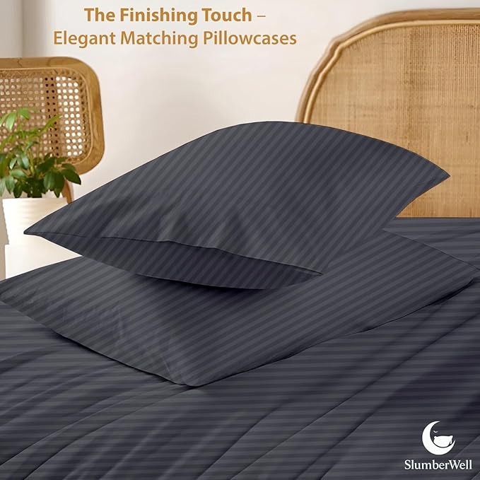 SlumberWell Olympic Queen Sheet Set 4 Piece Luxury Soft Microfiber RV Camper Bedding 8 to 12 Inch Deep Pocket Sheets Fits 66x80 Mattress Dark Grey Stripe