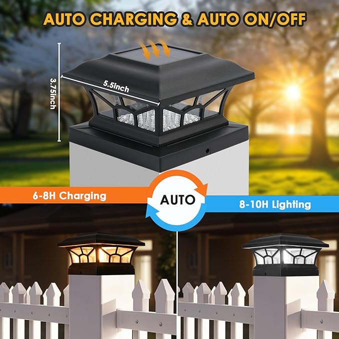 2 Pack Solar Post Cap Lights Outdoor Waterproof Fits 4x4 5x5 6x6 Wooden &amp Vinyl Fence Decks Edison LED Bulb with Warm &amp Cool White Light Modes (Classic Black 2)
