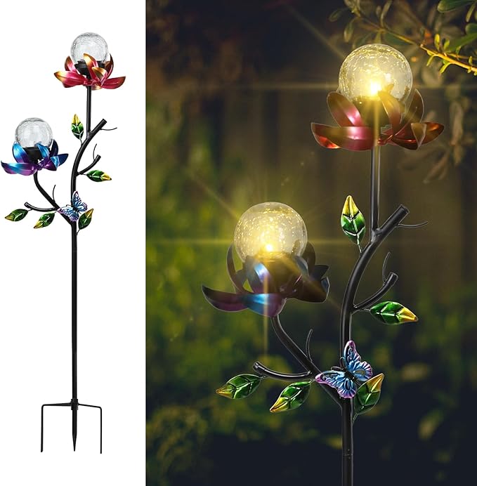 VCUTEKA Solar Garden Flowers with LED Light Crackle Glass Globe Solar Lights Outdoor Metal Stake Wind Spinner for Garden Decoration Patio Decor Yard Decor and Gift for Mother