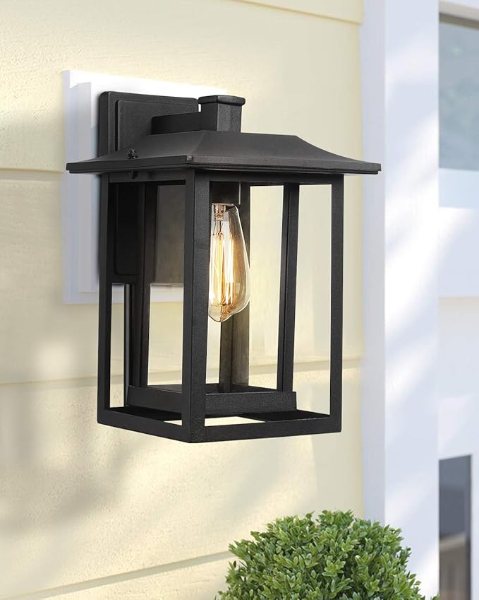 Beionxii Outdoor Wall Mount Light Dusk to Dawn Exterior Light Fixture Outside Lights for House Porch Patio Black Cast Aluminum w/Clear Glass (13.5 x 9) - A197W-1PK