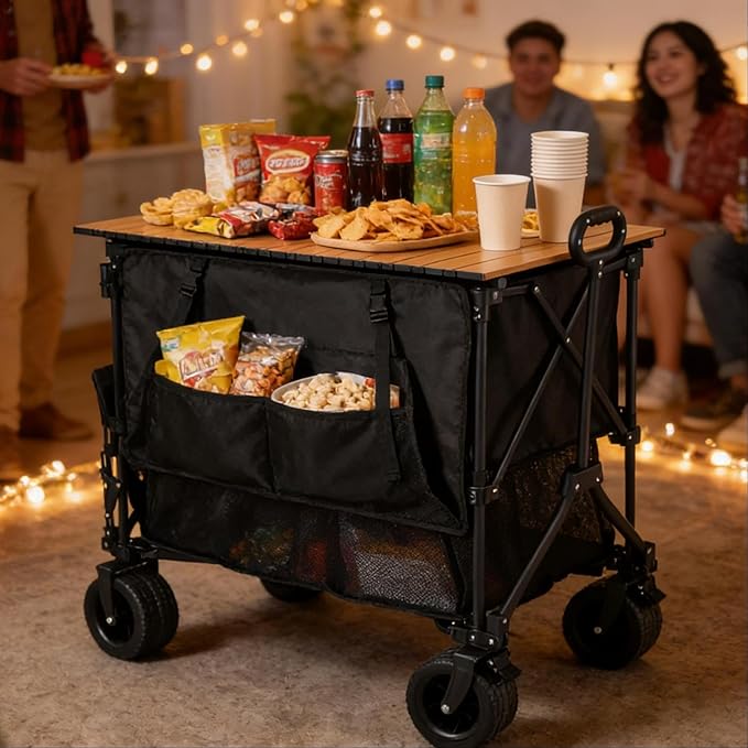 Folding Camping Wagon Table Accessory | 200LB Capacity Universal Fit for 40-50 Utility Carts | Instant Setup Portable Camp Table for Outdoor Picnics &amp Tailgating