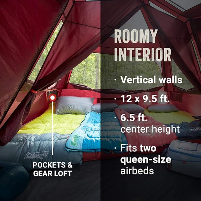 Coleman Skylodge Camping Tent with Instant Setup 4/6/8/10/12 Person Weatherproof Family Tent with Pre-Attached Poles Convertible Screen Room and Room Divider Sets Up in About 1 Minute